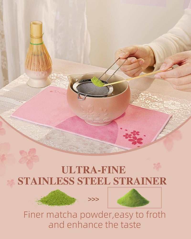 Zens Matcha Whisk Set, Pink Ceramic Matcha Bowl with Embossed Sakura, 6pcs Matcha Tea Kit Includes Bamboo Whisk, (Chasen Holder) Scoop & Sifter, Tea Towel for Matcha Ceremony, Pink - Image 4